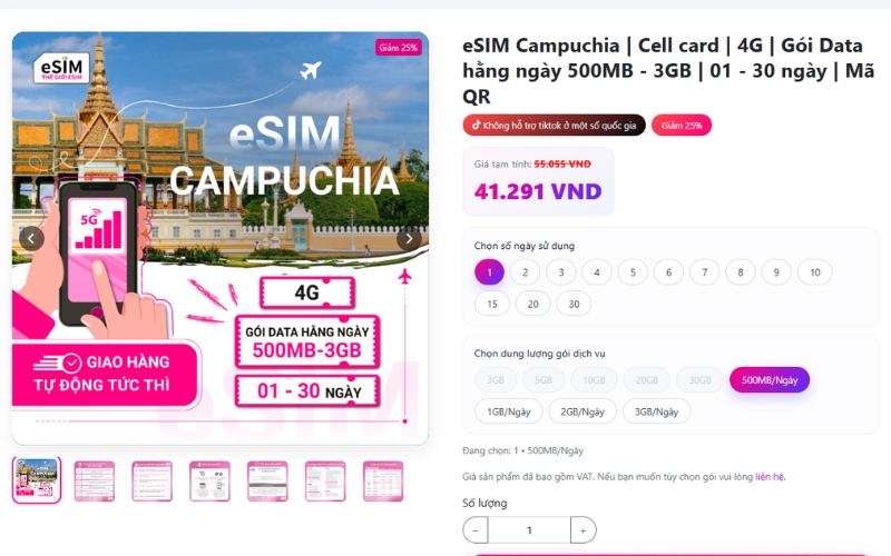 eSIM Campuchia tại Thế giới eSIM cung cấp data 4G Cellcard quét mã QR giá từ 40.000đ